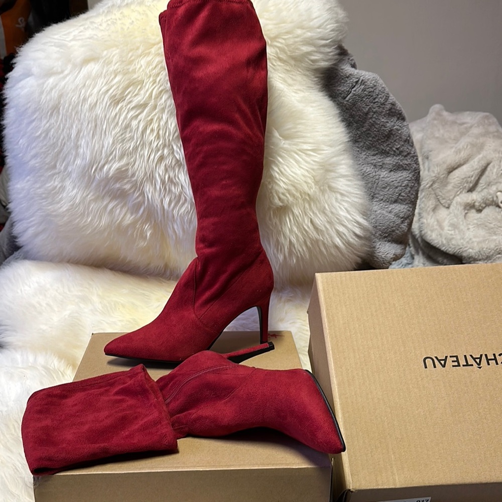 New Le Chateau burgundy Red Knee sexy Stretchy Sock Boots faux Suede fall